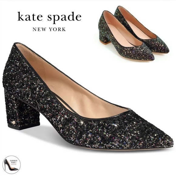 Kate Spade Menorca Shimmer Block Heel Pumps Black Glitter Pointed Toe Shoes 5.5 - Picture 1 of 8